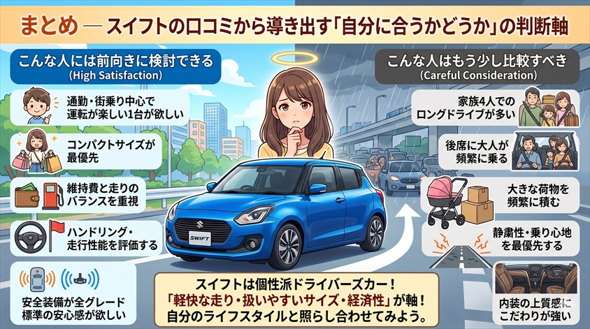まとめ ─ スイフトの口コミから導き出す「自分に合うかどうか」の判断軸