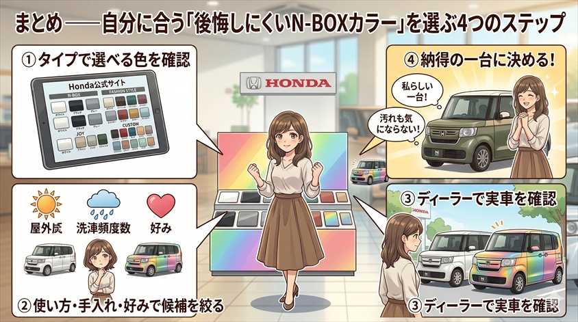 まとめ——自分に合う「後悔しにくいN-BOXカラー」を選ぶ4つのステップ