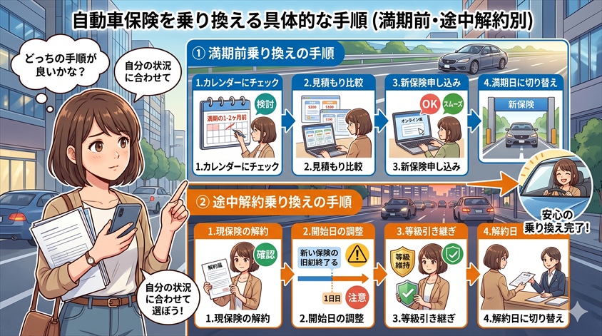 自動車保険を乗り換える具体的な手順(満期前・途中解約別)