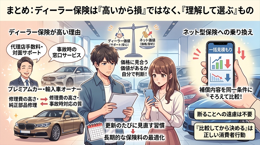 まとめ：ディーラー保険は「高いから損」ではなく、「理解して選ぶ」もの