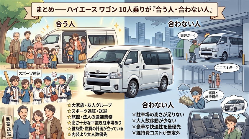 まとめ──ハイエース ワゴン 10人乗りが「合う人・合わない人」