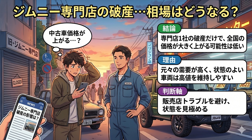 ジムニー専門店の破産で中古車価格は上がる?相場への影響を解説