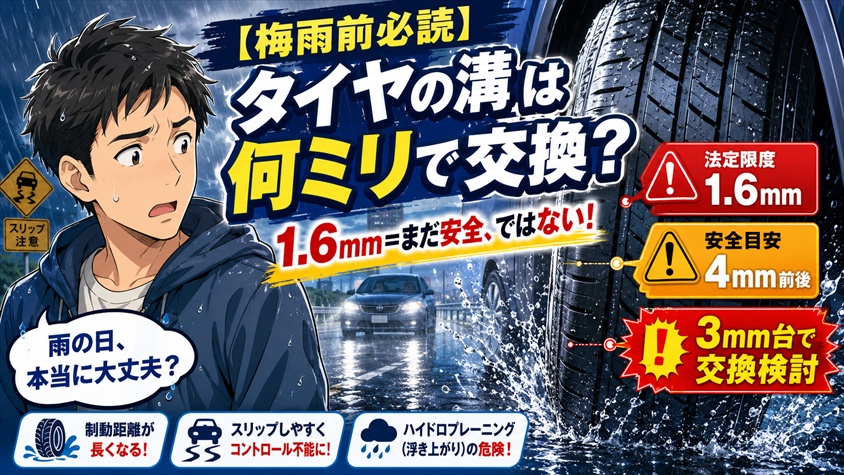 【梅雨前必読】タイヤの溝は何ミリで交換？法定限度と安全目安の違い
