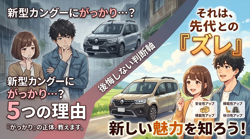 003 ※日本のアニメ風のイラストにしてください 下記の文章にあった画像を作ってください。 画像は横長（16:9）で作ってください。 画像で使う言葉（タイトルやセリフ）は日本語にしてください。 感情のこもった、見たものを引き付けるシンプルでありながら興味を引く画像を作ってください。 ＝＝＝＝＝＝＝＝＝＝＝＝＝＝＝＝＝ 【記事のテーマ/見出し】: 【内容の要約】: 先代カングーと新型カングーの違いを比較 「がっかり」の5つの理由は、いずれも先代との比較から生まれていました。では、先代（2代目）と新型（3代目）は具体的に何がどう変わったのでしょうか。感情ではなく数字で整理すると、変化の正体がはっきり見えてきます。