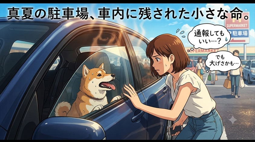 ｎ-01 ※日本のアニメ風のイラストにしてください 下記の文章にあった画像を作ってください。 画像は横長（16:9）で作ってください。 画像で使う言葉（タイトルやセリフ）は日本語にしてください。 感情のこもった、見たものを引き付けるシンプルでありながら興味を引く画像を作ってください。 ＝＝＝＝＝＝＝＝＝＝＝＝＝＝＝＝＝ 【記事のテーマ/見出し】: 【内容の要約】: 駐車場で犬が車内に取り残されていた。通報していいのか、迷った先に見えた「正しい行動順」 夏の駐車場で、ふと隣の車を見たら、後部座席に犬がいた。 窓は閉まっている。エンジンもかかっていない。犬はハァハァと荒い息をしている。 そのとき、あなたならどうしますか。 「通報していいのか」「大げさじゃないか」「飼い主がすぐ戻るかもしれない」――頭の中にいくつもの声が同時に浮かぶはずです。 この記事では、犬の車内放置を見つけたときに「どう判断し、どう動けばいいのか」を、環境省やJAF、警察の公的情報をもとに整理しました。