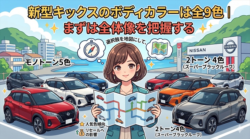 新型キックスのボディカラーは全9色|まずは全体像を把握する