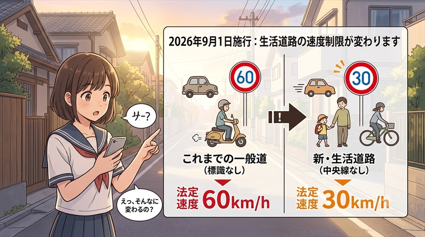 【2026年9月1日施行】生活道路の法定速度が30km/hへ引き下げ——何が変わるのか
