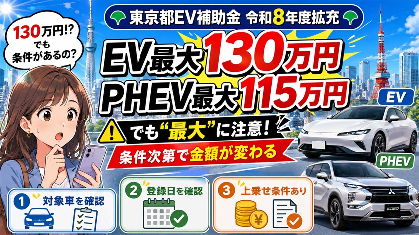 東京都EV補助金の令和8年度拡充｜EV最大130万円・PHEV最大115万円の条件整理