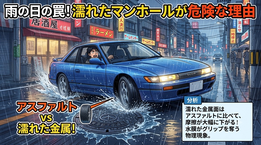 雨の日にマンホールで車が滑る理由