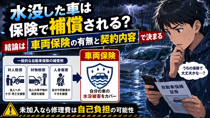 水没した車は保険で補償される？結論は「車両保険の有無と契約内容」で決まる