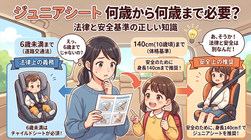 ジュニアシートは何歳から何歳まで必要？法律と安全基準の正しい知識