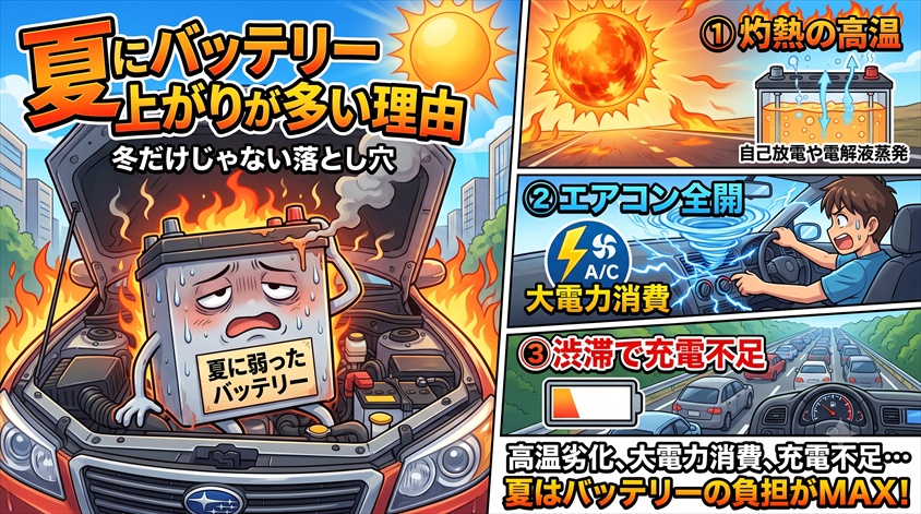 夏にバッテリー上がりが多い理由|冬だけじゃない落とし穴