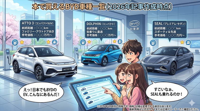 日本で買えるBYD車種一覧(2026年記事作成時点)