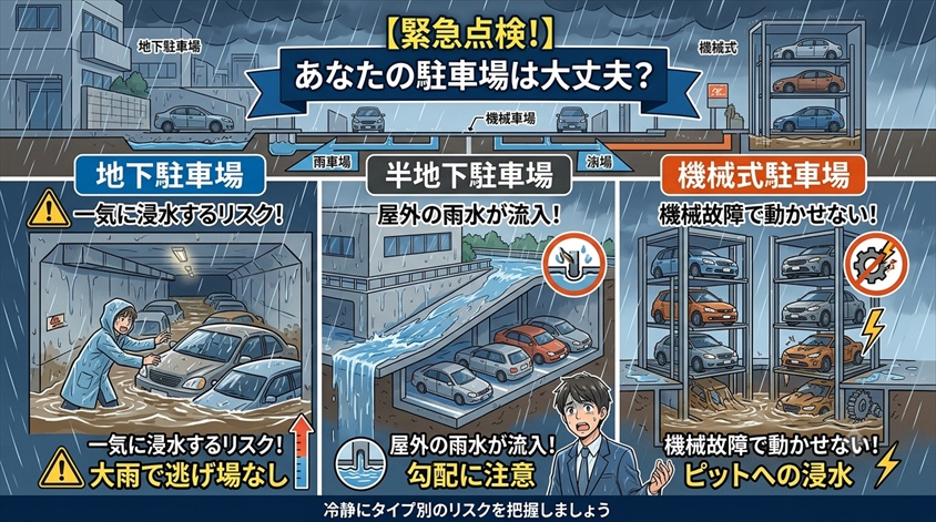 地下駐車場・半地下・機械式 ── 駐車場タイプ別の水没リスク