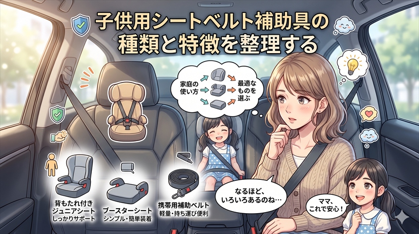 子供用シートベルト補助具の種類と特徴を整理する