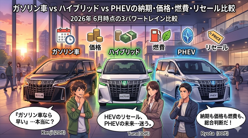 ガソリン車 vs ハイブリッド vs PHEVの納期・価格・燃費・リセール比較