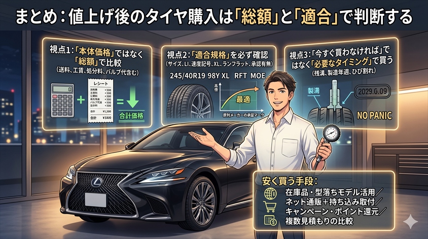 まとめ：値上げ後のタイヤ購入は「総額」と「適合」で判断する