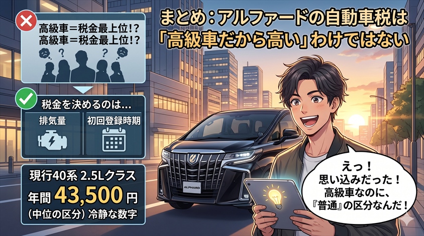 まとめ:アルファードの自動車税は「高級車だから高い」わけではない