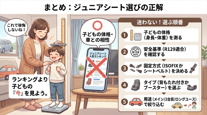 まとめ——ジュニアシートは「ランキング」ではなく「子どもの体格」で選ぶ