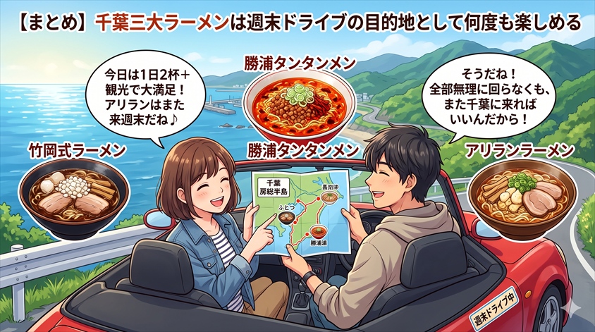 まとめ｜千葉三大ラーメンは週末ドライブの目的地として何度も楽しめる