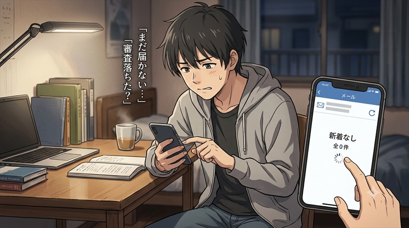 001 ※日本のアニメ風のイラストにしてください 下記の文章にあった画像を作ってください。 画像は横長（16:9）で作ってください。 画像で使う言葉（タイトルやセリフ）は日本語にしてください。 感情のこもった、見たものを引き付けるシンプルでありながら興味を引く画像を作ってください。 ＝＝＝＝＝＝＝＝＝＝＝＝＝＝＝＝＝ 【記事のテーマ/見出し】: dカーシェアの審査時間はどれくらい？公式情報の目安をまとめて確認 【内容の要約】:dカーシェアに申し込んだあと、審査結果のメールがなかなか届かない。スマホを何度も開き直し、受信フォルダを更新ボタンで更新しても、新着はゼロのまま。「もしかして、自分は審査に落ちたのだろうか」——そんな不安を抱えたまま、この記事にたどり着いた方も多いのではないでしょうか。 先に結論をお伝えします。dカーシェアの審査は、公式には「24時間以上かかる場合がある」と案内されている一方で、実際には数十分程度で結果が届いたという情報も複数のサイトで確認できます。つまり審査時間の目安には幅があり、「結果が遅い」という事実だけをもって審査落ちと判断する必要はありません。