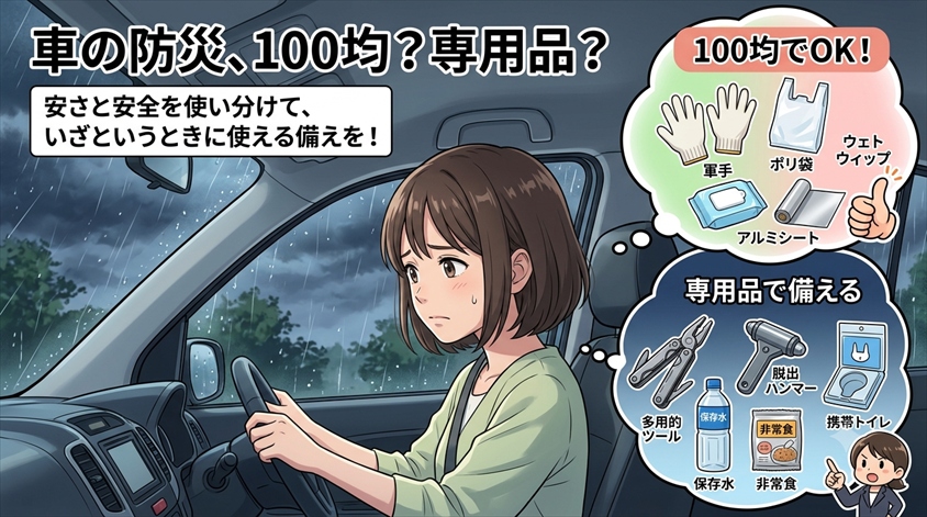 車の防災グッズは100均で足りる？専用品との使い分けを解説