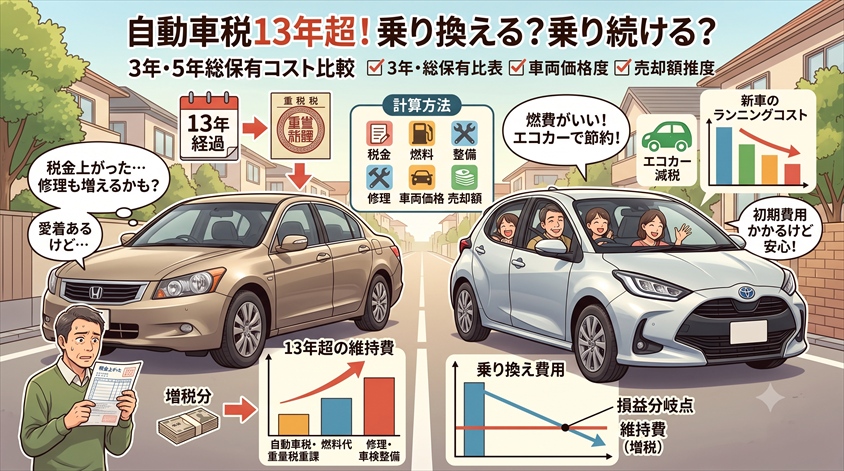 自動車税13年超の増税額はいくら？3年・5年の総保有コストで乗り換えを計算