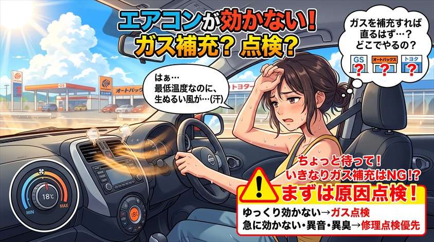 車のエアコンガス補充はどこで?料金・時期・DIYの注意点!