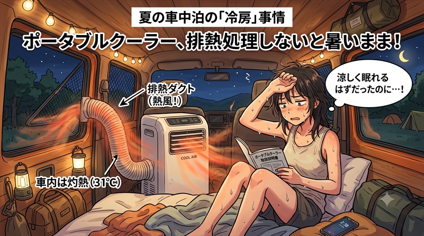 車中泊のポータブルクーラーは排熱処理をしないと涼しくならない