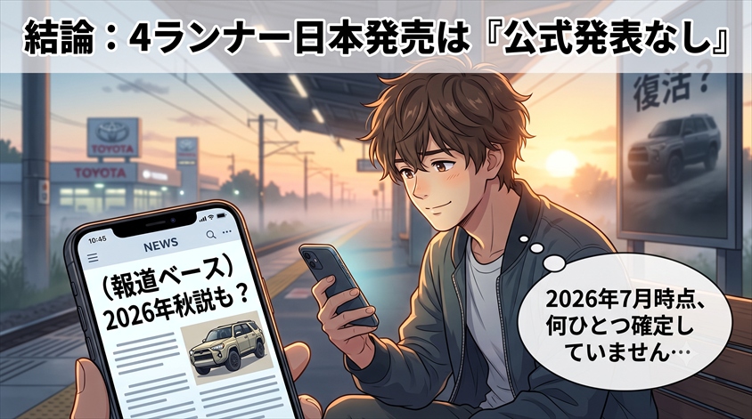 結論:4ランナーの日本発売は「公式発表なし」、報道ベースでは2026年秋説