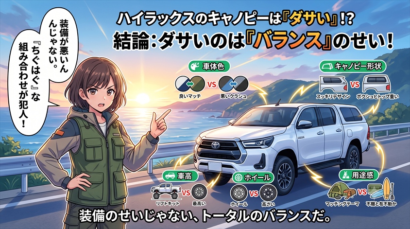 結論から言うと?ハイラックスのキャノピーは「ダサくなる」のではなく「バランスを崩すとダサく見える」