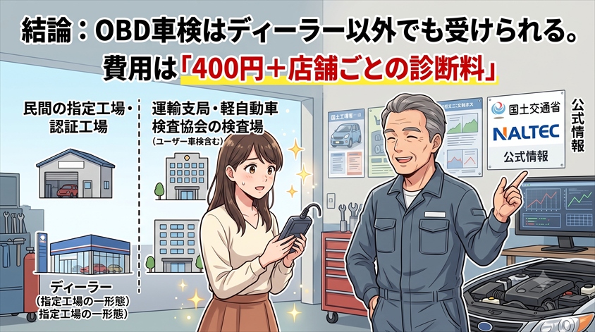 結論:OBD車検はディーラー以外でも受けられる。費用は「400円+店舗ごとの診断料」