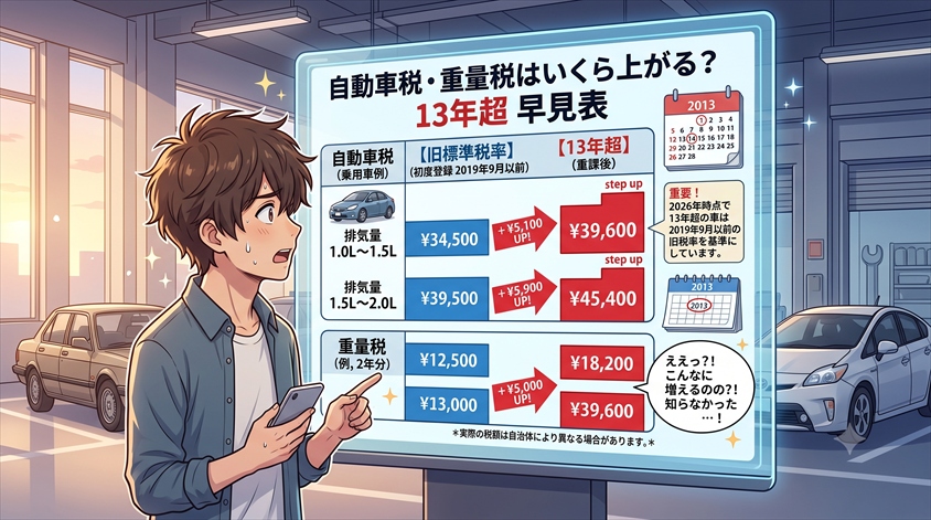 13年超で自動車税・重量税はいくら上がる？早見表で先に確認