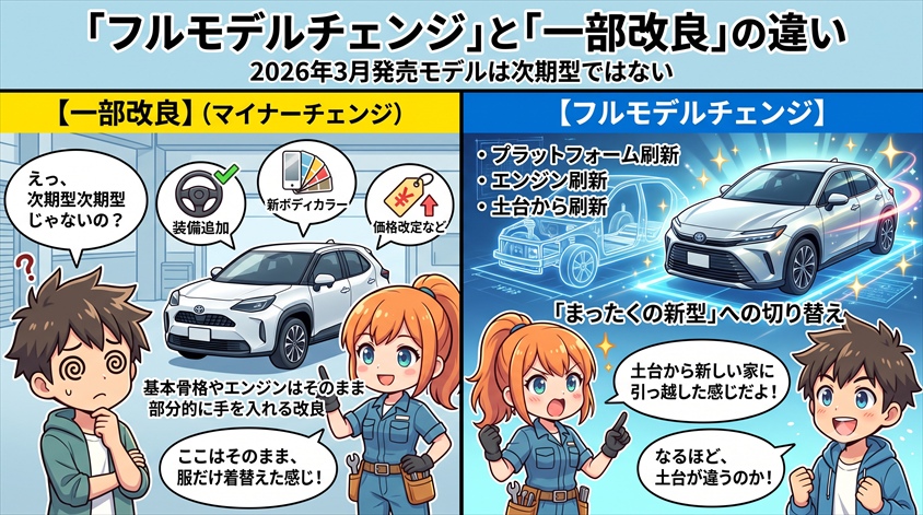 「フルモデルチェンジ」と「一部改良」の違い|2026年3月発売モデルは次期型ではない