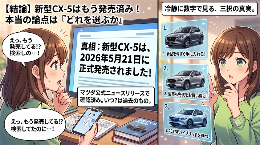 【結論】新型CX-5はもう発売済み。今の論点は「買うか待つか」ではなく「新型・型落ち先代・2027年ハイブリッド、どれを選ぶか」