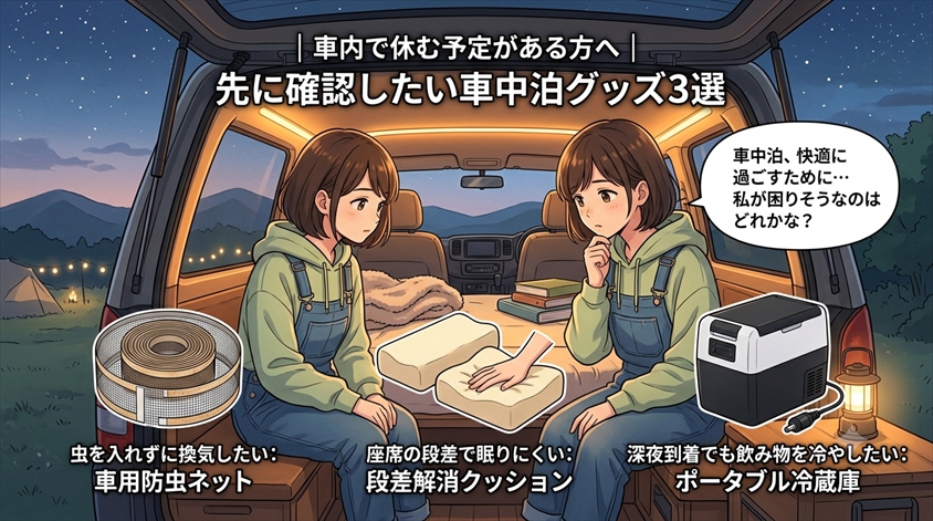 車内で休む予定がある方へ｜先に確認したい車中泊グッズ3選