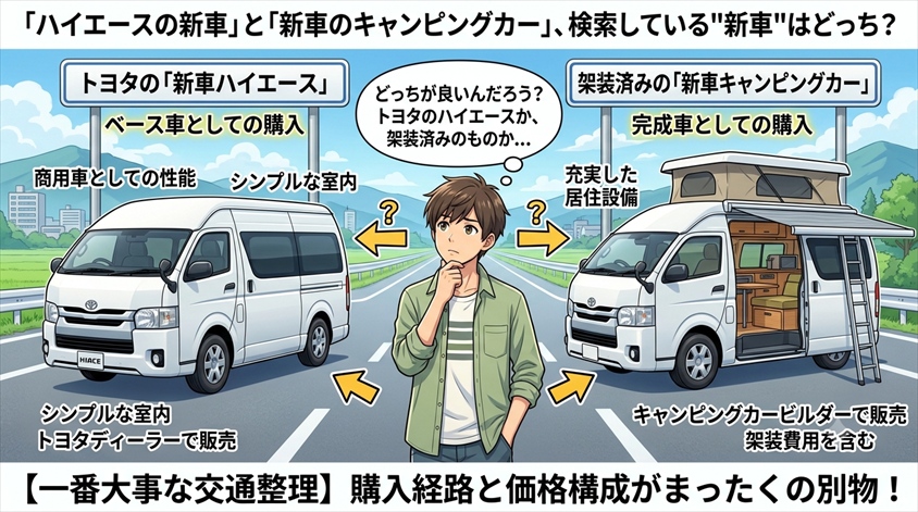 「ハイエースの新車」と「新車のキャンピングカー」、検索している"新車"はどちらか