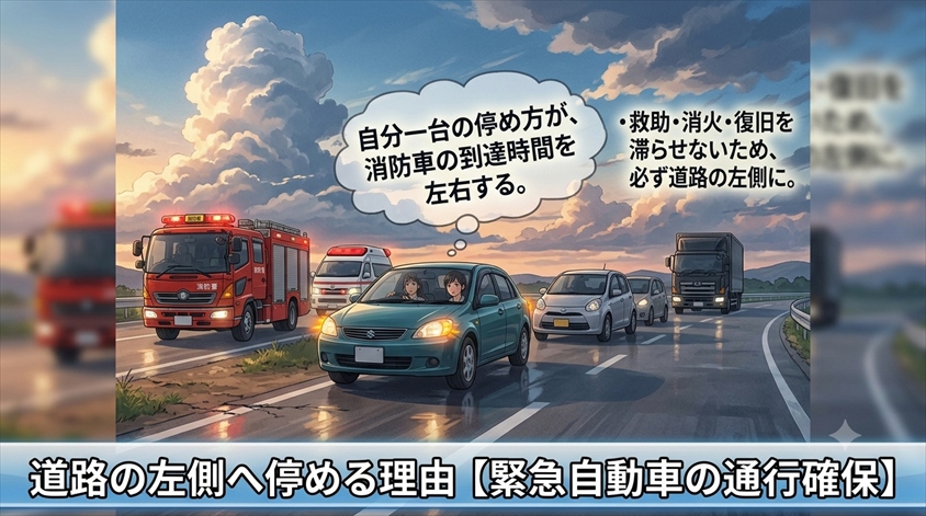 安全な減速・停車の方法（道路の左側へ）