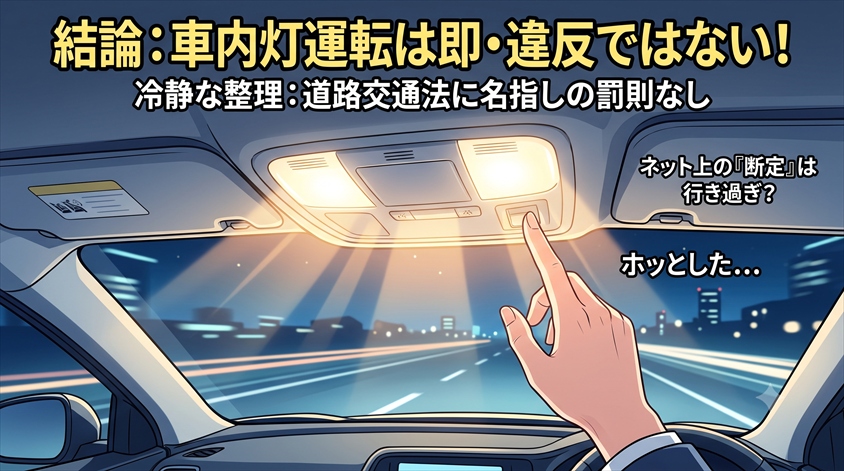 結論:車内灯をつけて運転すること自体は、即・違反ではない