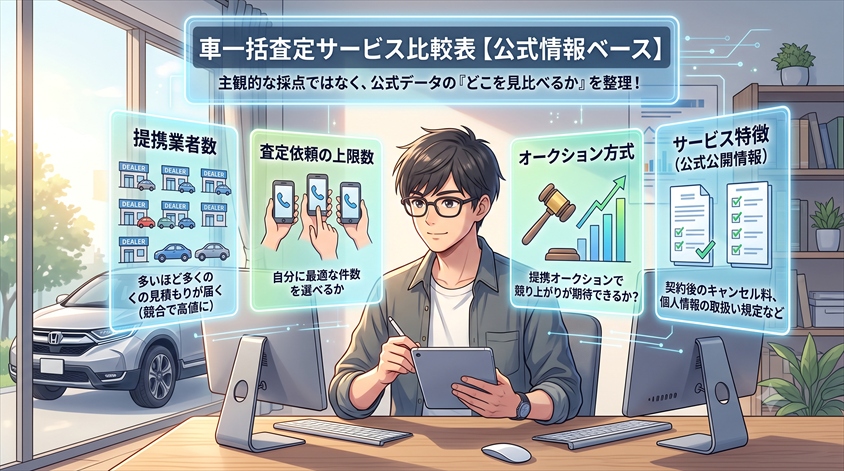 車一括査定サービス比較表【公式情報ベース】