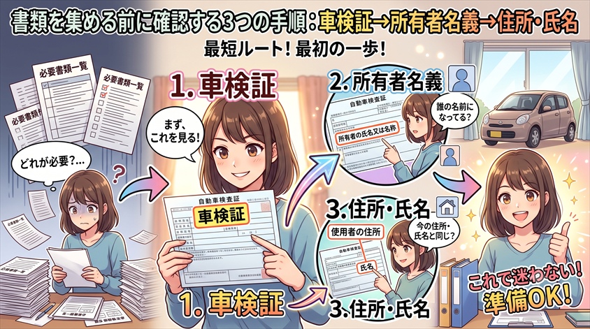 書類を集める前に確認する3つの手順：車検証→所有者名義→住所・氏名