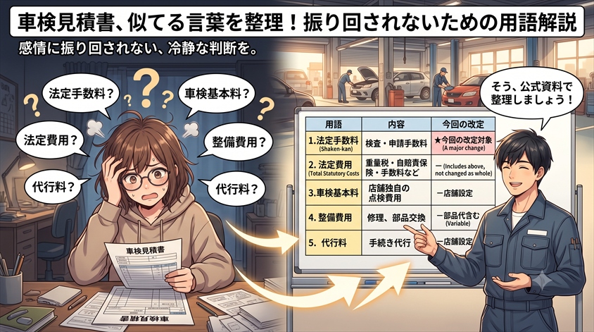 「法定手数料」「法定費用」「車検基本料」「整備費用」「代行料」――見積書で混同しやすい用語を整理する