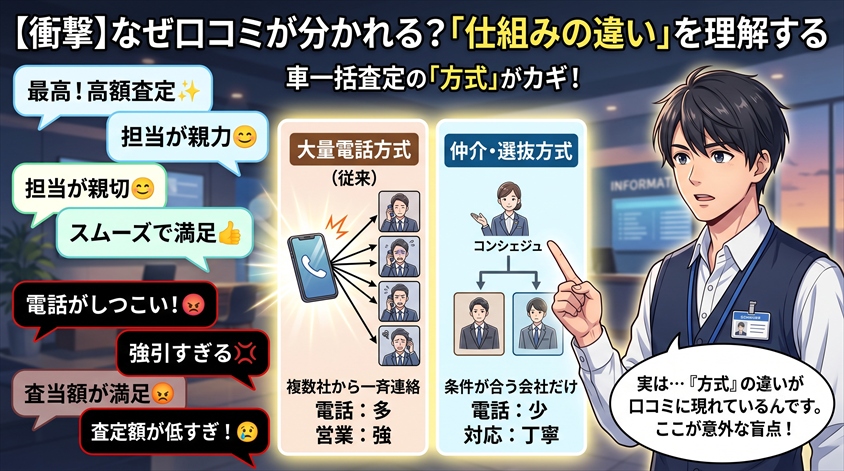 なぜ口コミが分かれるのか?一括査定の「仕組みの違い」を理解する