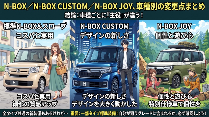 N-BOX/N-BOX CUSTOM/N-BOX JOY、車種別の変更点まとめ