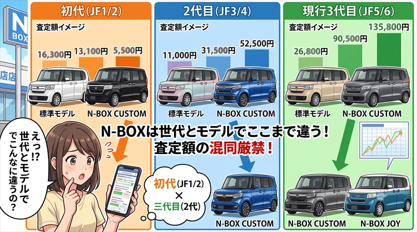 N-BOX/N-BOX CUSTOM/N-BOX JOY ― 混同厳禁、査定額はここまで変わる