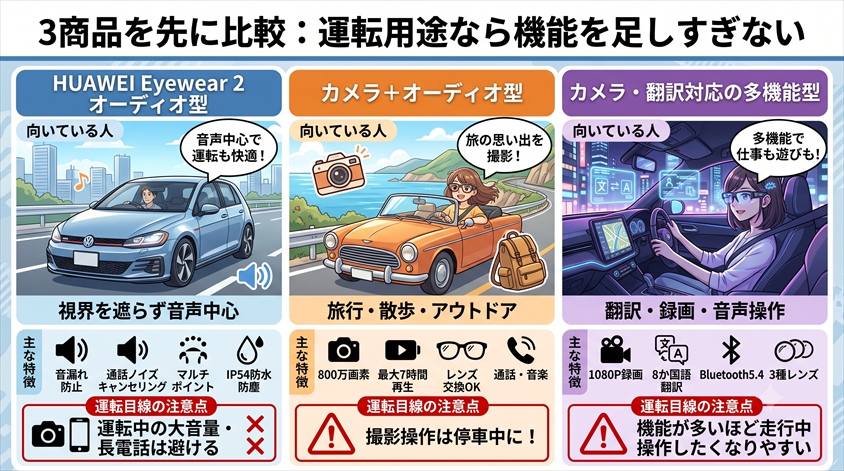 3商品を先に比較:運転用途なら機能を足しすぎない