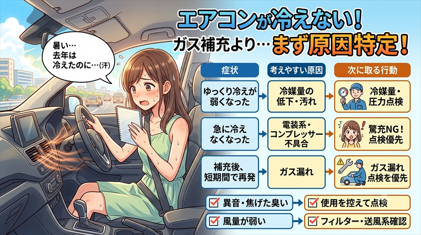 車のエアコンが冷えないときは、ガス補充より原因の切り分けが先