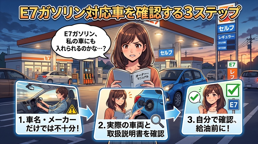 E7ガソリン対応車を確認する3ステップ