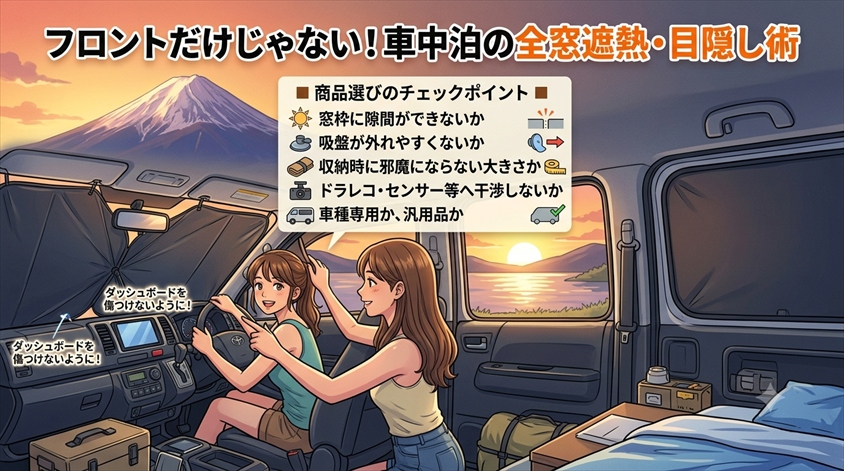 サンシェードはフロントだけでなく、全窓を遮る