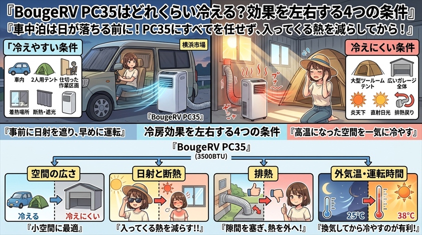 BougeRV PC35はどれくらい冷える？効果を左右する4つの条